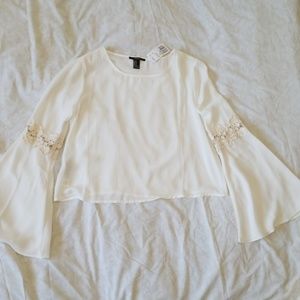 White Bell Sleeve Top with Woven  Details